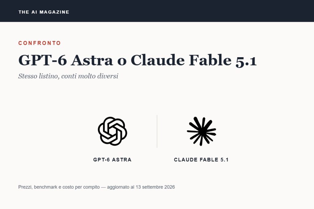 Loghi di OpenAI e Claude affiancati, confronto tra GPT-6 Astra e Claude Fable 5.1