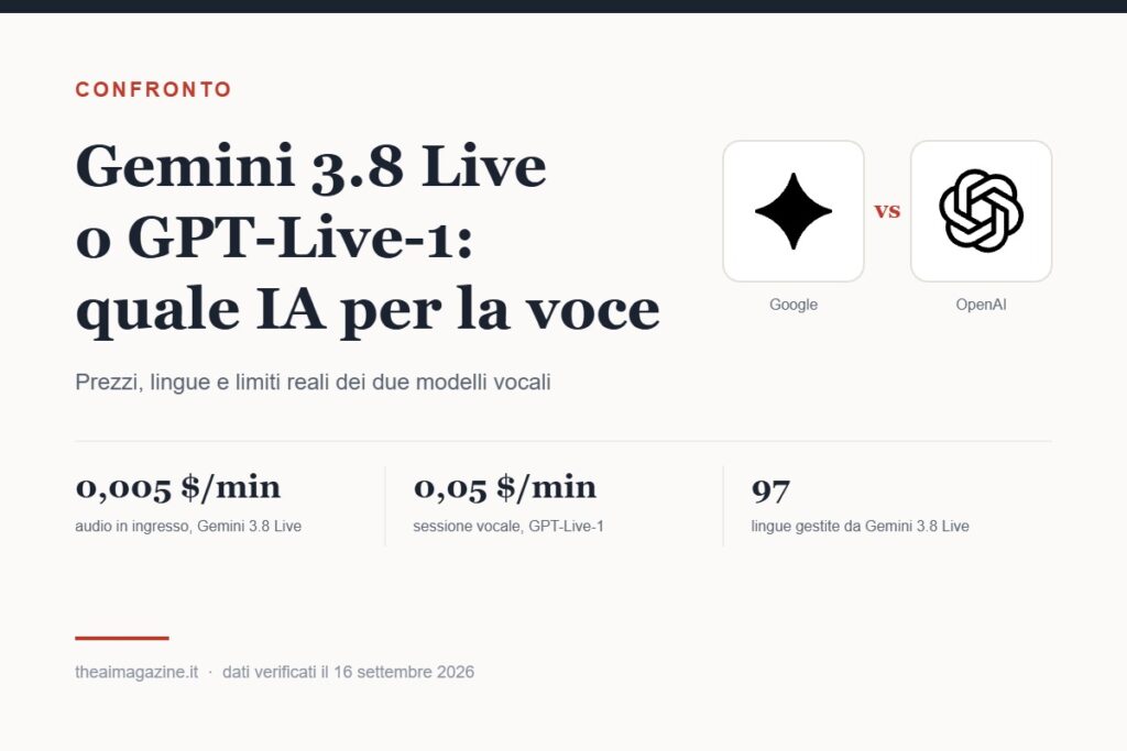 Confronto tra Gemini 3.8 Live di Google e GPT-Live-1 di OpenAI per assistenti vocali
