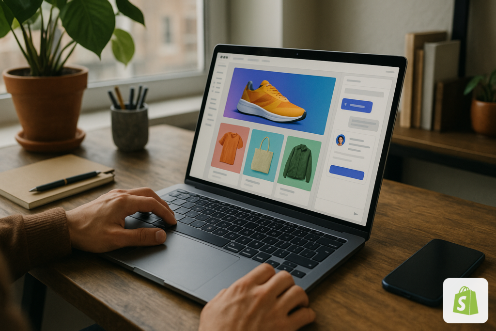 Un imprenditore al computer progetta un negozio online con un assistente IA, logo Shopify in basso a destra