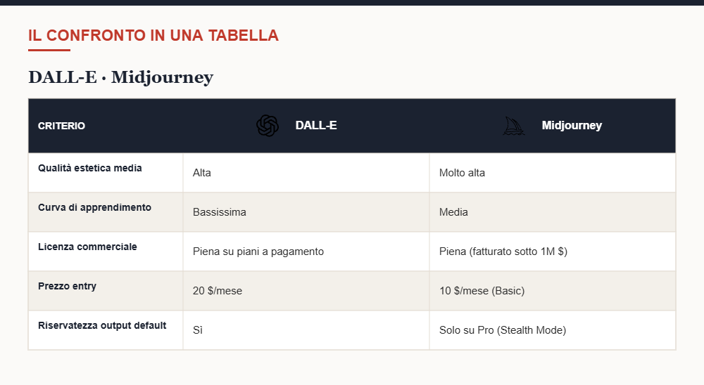 Tabella di confronto tra DALL-E e Midjourney